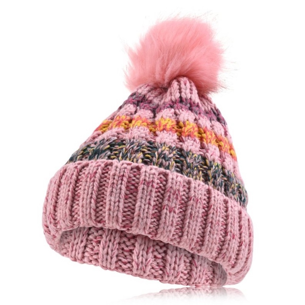 Charles Albert Women's Fur Lined Warm Fuzzy Pom Pom Beanie in Pink NWT